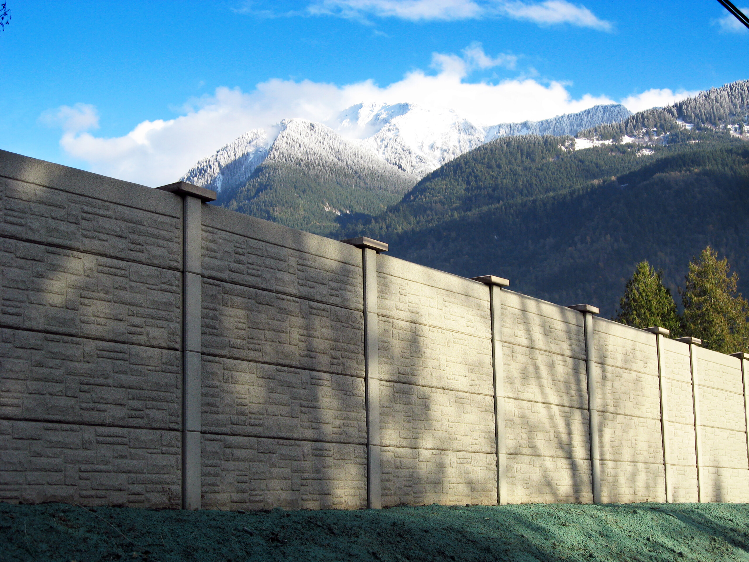 A precast noise barrier along Highway 9 in Agassiz, BC.