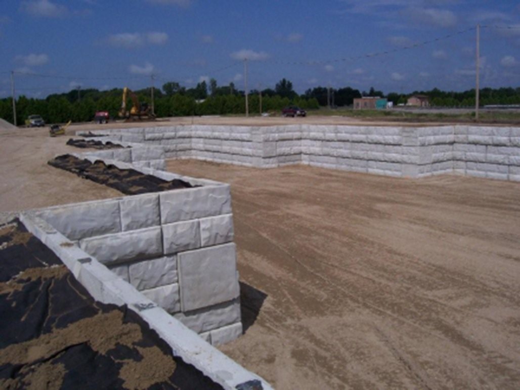 A precast retaining wall system at a waste transfer facility in Strathroy-Caradoc, ON.