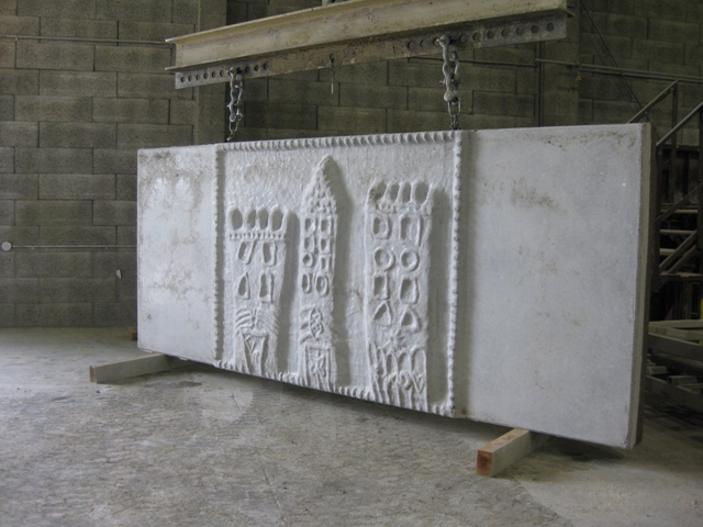 A custom panel created from a child's drawing for a precast noise barrier along I-94 in Milwaukee, WI.