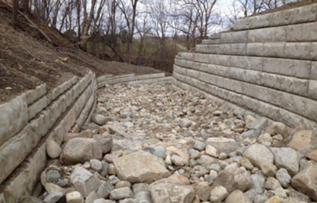 A Retain-A-Rock retaining wall system at a water outfall channel in Hamilton, ON.