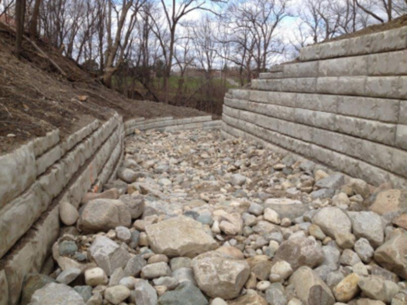 A Retain-A-Rock retaining wall system at a water outfall channel in Hamilton, ON.