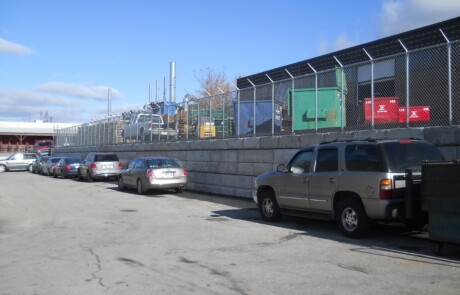 The new Retain – A – Rock (RAR) gravity block retaining wall system at an industrial facility, Smokey Manufacturing in Toronto, Ontario.