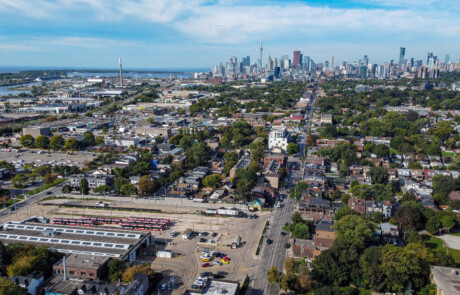 An over-head drone shot of an acoustic wall along the Toronto Transit Commission's (TTC) Russell Carhouse's property line in Toronto, Ontario.