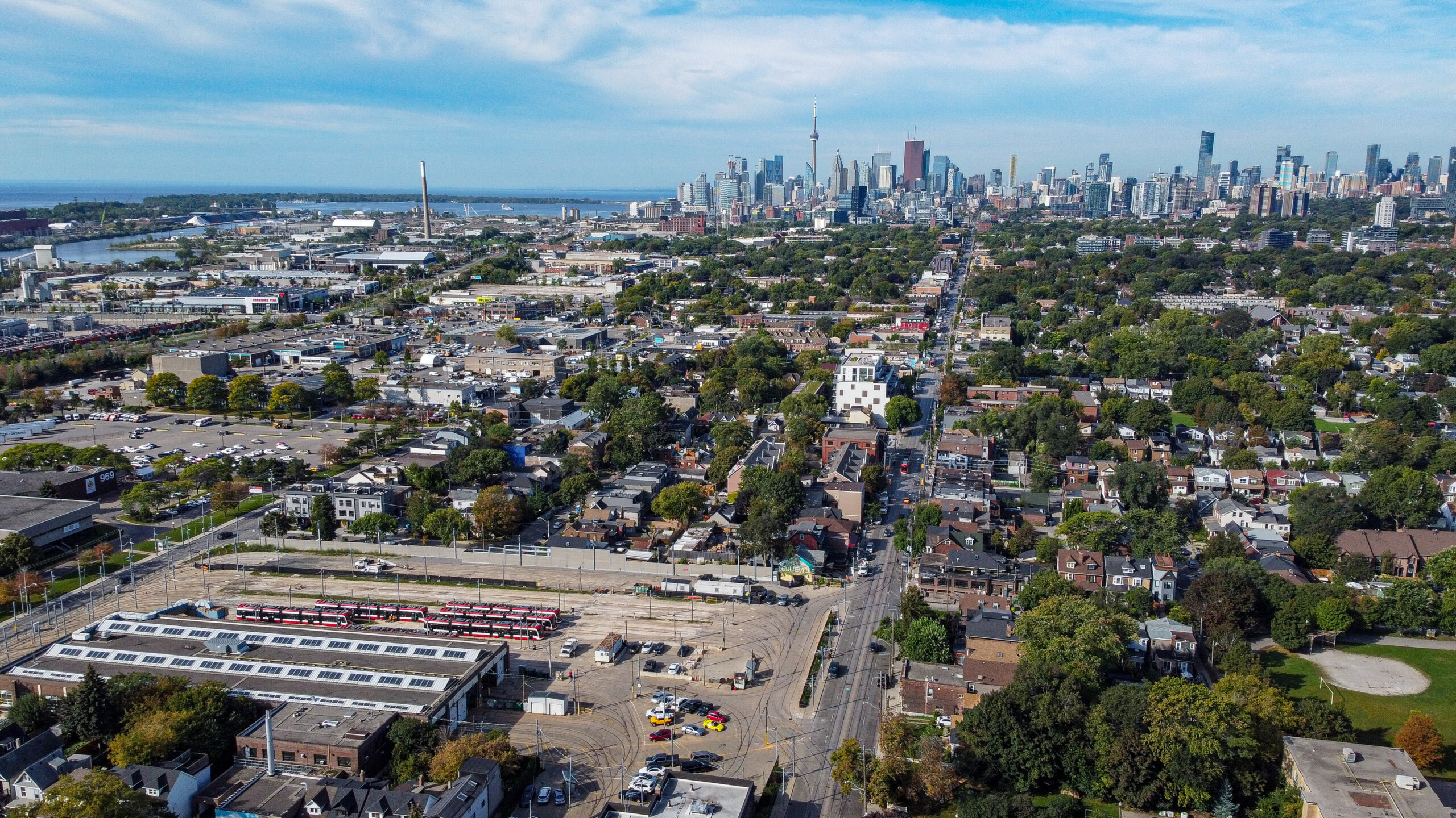 An over-head drone shot of an acoustic wall along the Toronto Transit Commission's (TTC) Russell Carhouse's property line in Toronto, Ontario.